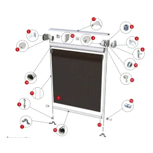 Esquema de despiece del toldo vertical Baneta guillotina con guaya y sus componentes de instalación
