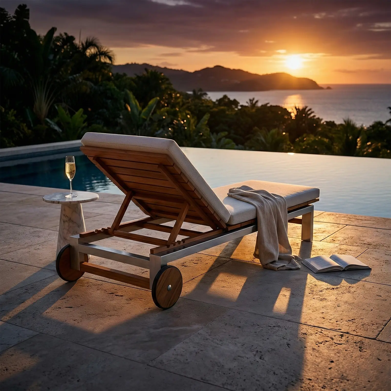 Asoleadora Normandía en aluminio y teca junto a una piscina, con vista al mar al atardecer