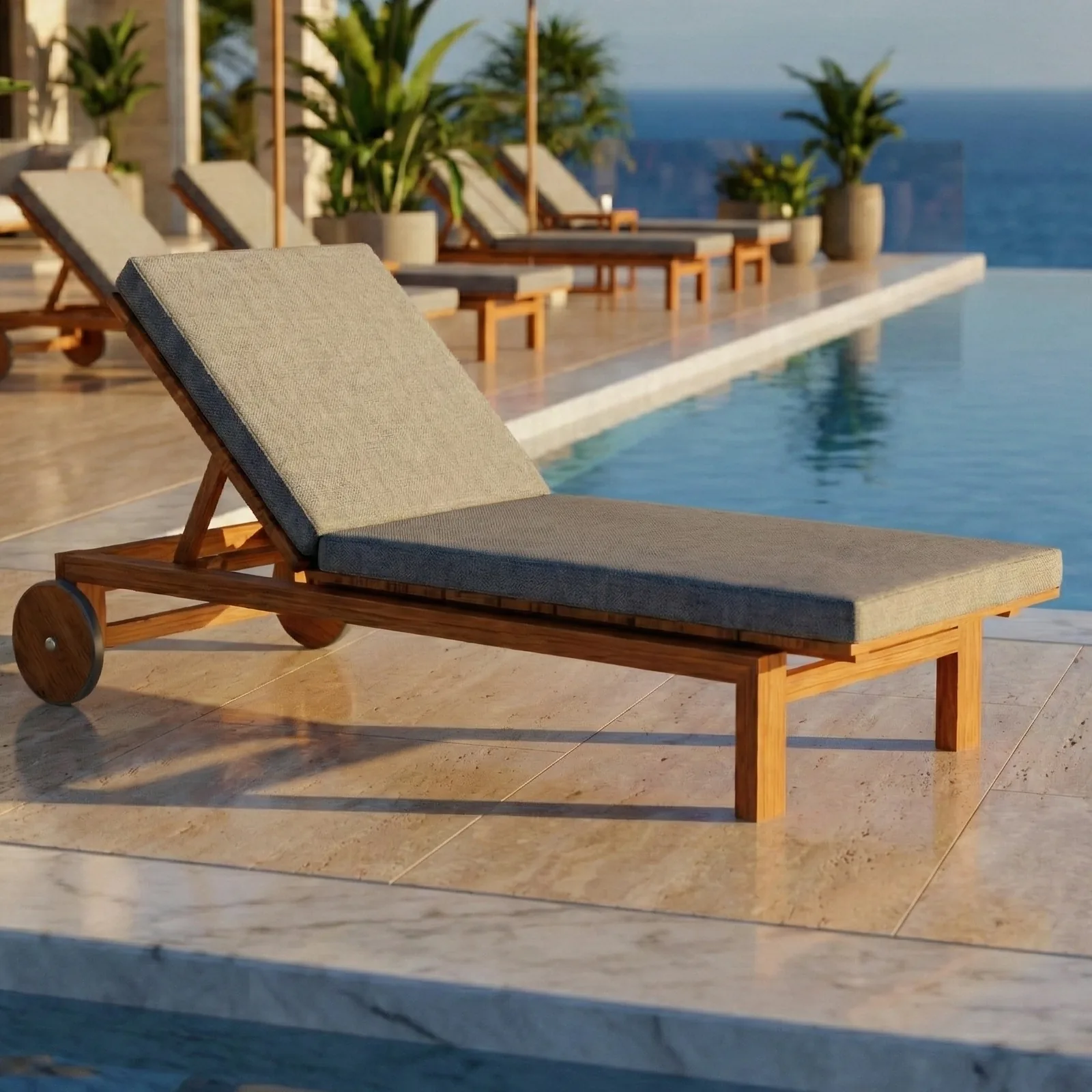 Asoleadoras Normandía en teca junto a una piscina infinita, al atardecer
