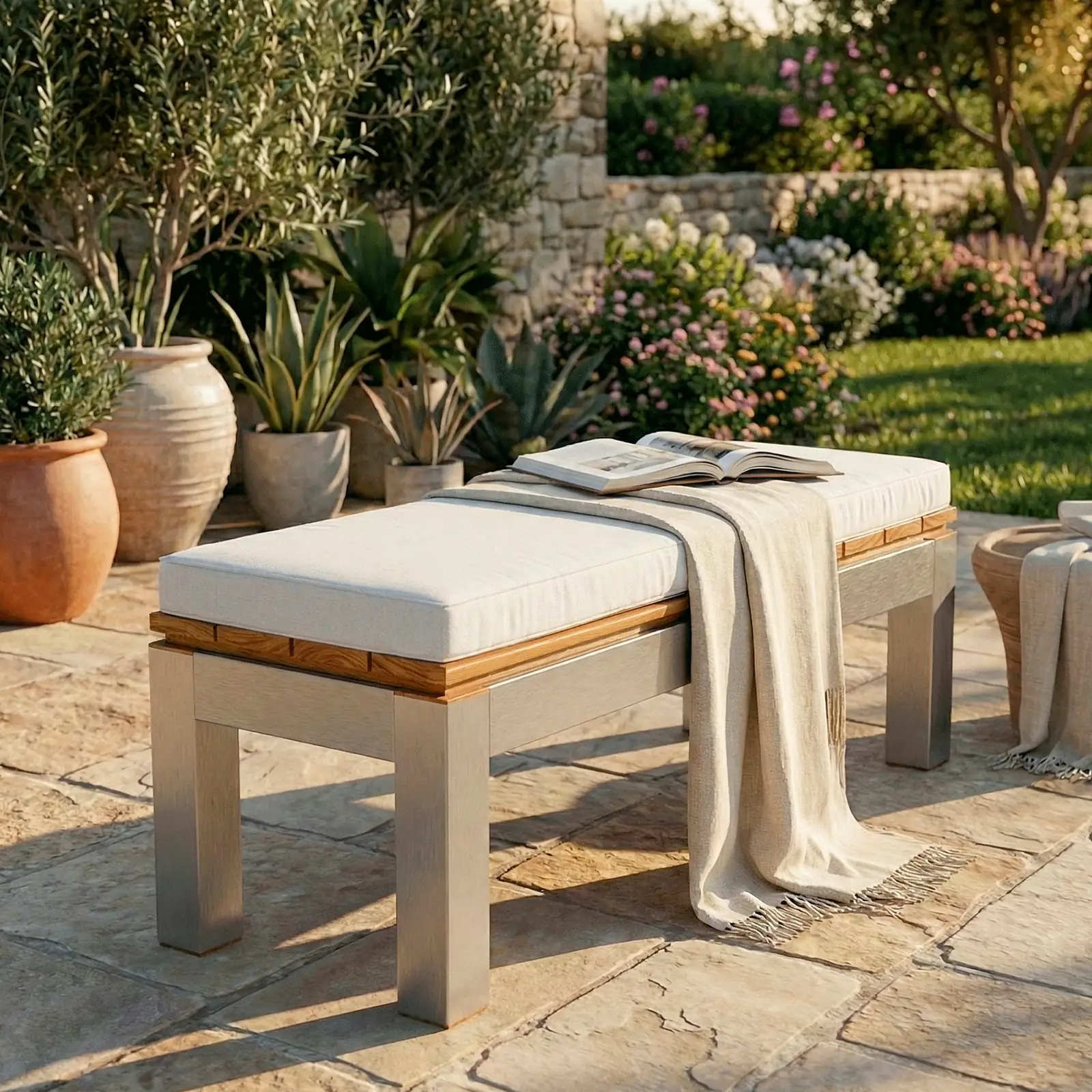 Banca Normandía Aluteca con cojín, en una terraza junto a un jardín mediterráneo