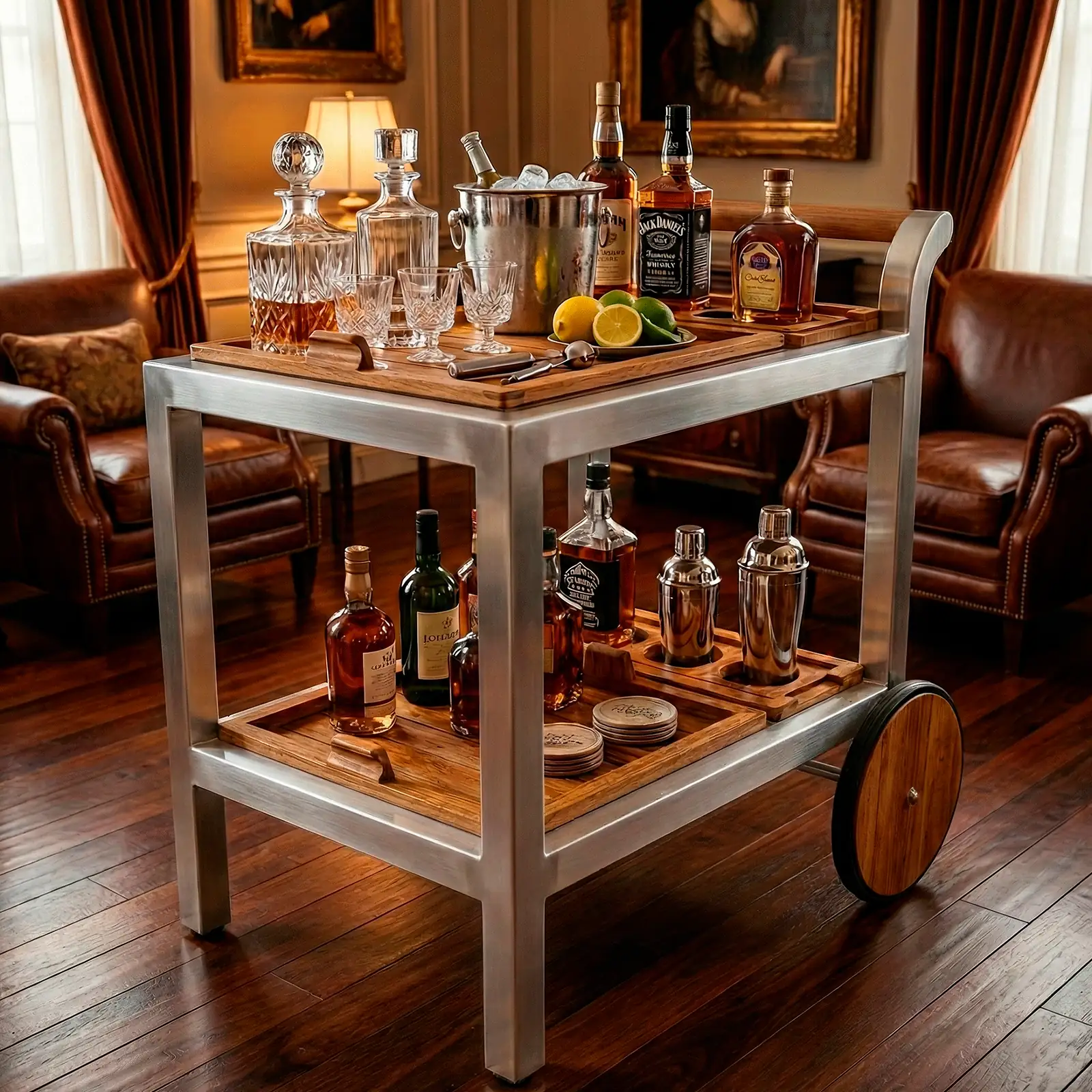 Carro bar Bretaña en aluminio y teca, con licores y accesorios de coctelería en un salón clásico