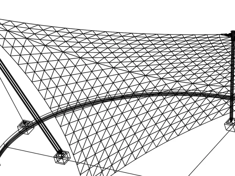 Detalle del mallado de cálculo estructural de una membrana tensada, con su cable perimetral