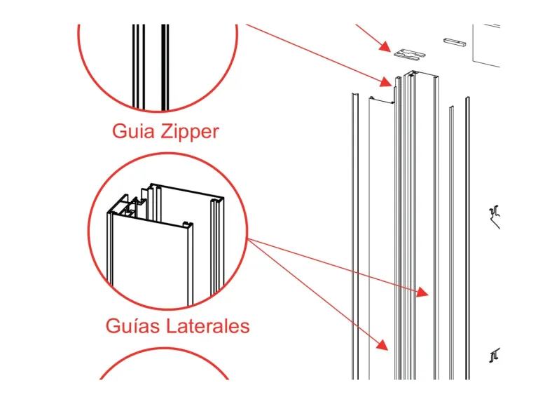 Sección de la guía lateral del FlexiZipp con la cremallera que retiene el borde de la lona