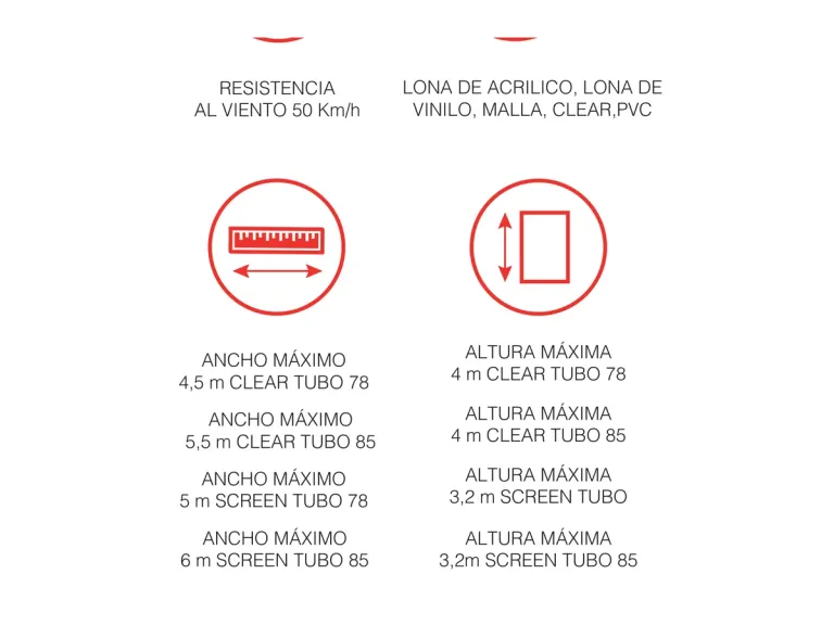 Tabla de anchos y alturas máximas del FlexiZipp según el tubo de enrollamiento y el tipo de lona