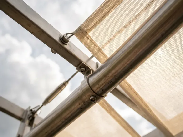 Detalle de la lona PVC Pergotex traslúcida de una membrana, con el herraje de tensión