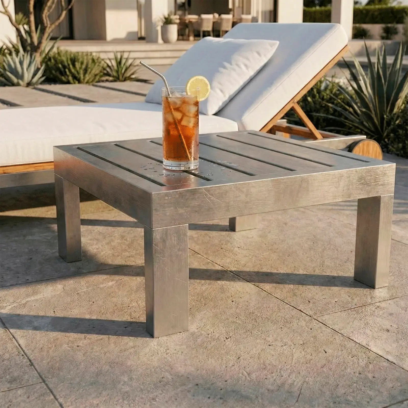 Mesa auxiliar Montecarlo en aluminio, junto a una tumbona en una terraza