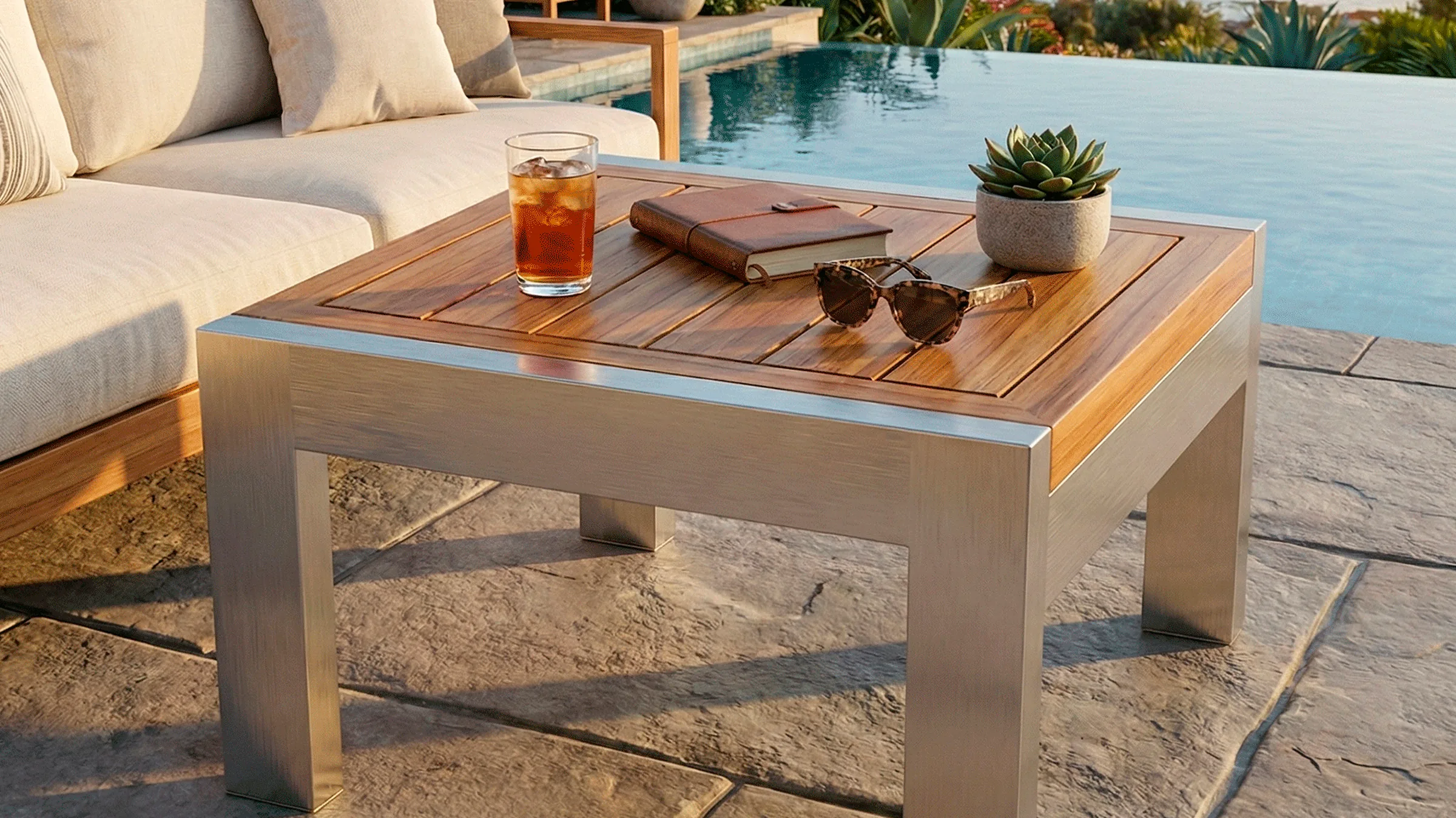 Mesa auxiliar Sakata Aluteca junto a una poltrona, en una terraza
