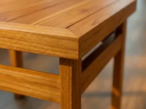 Detalle del ensamble en madera teca de la Mesa Auxiliar Sakata