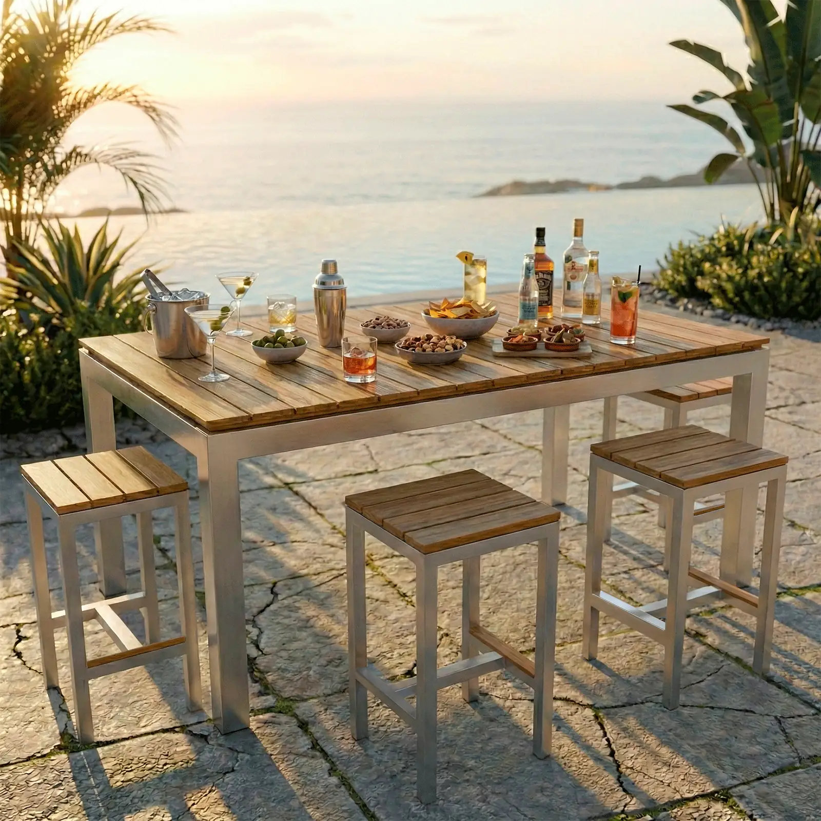 Mesa bar Montecarlo Aluteca con butacas bar, servida con cócteles y aperitivos frente al mar