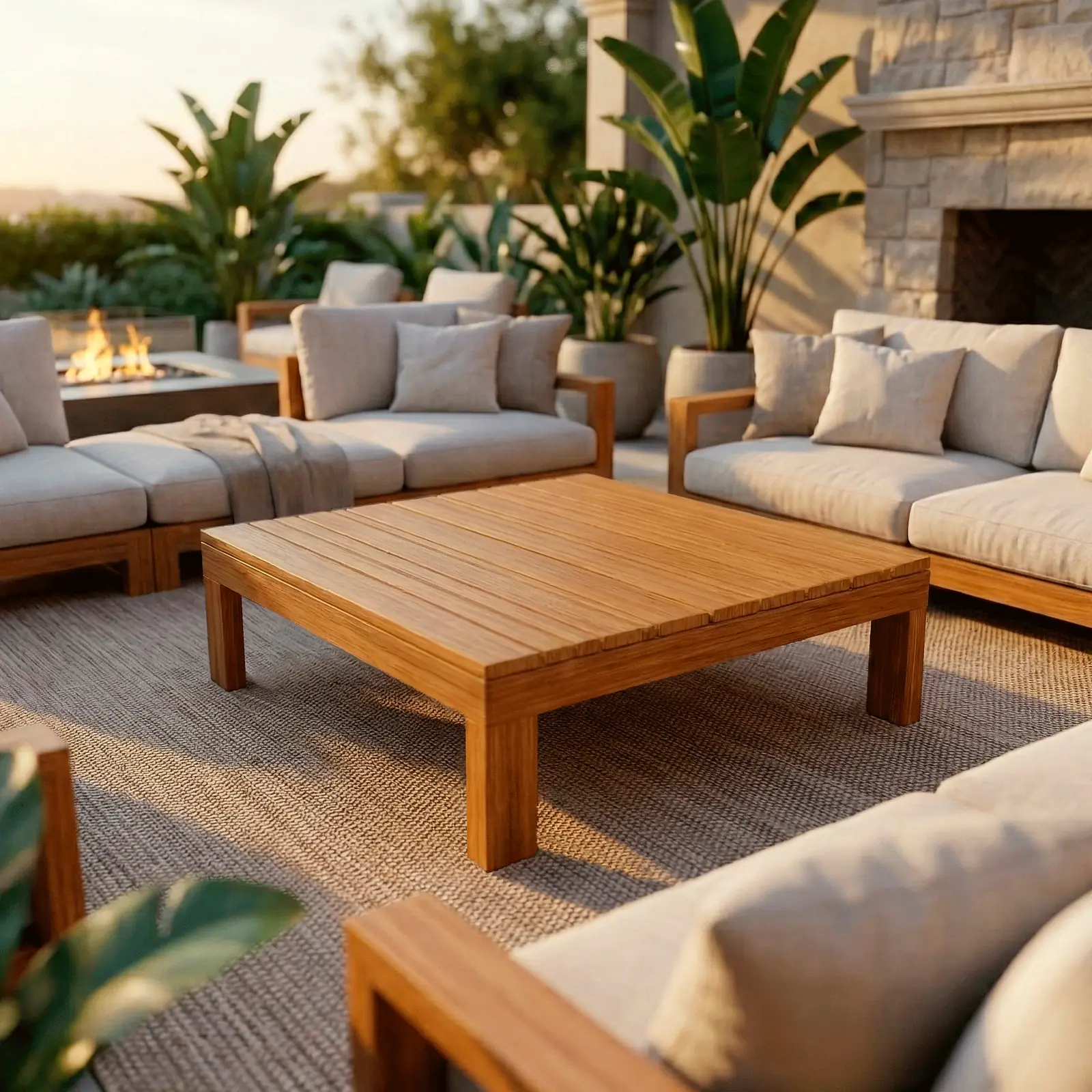 Mesa de centro Montecarlo en teca, junto a sofás y sillones alrededor de una alfombra, al atardecer