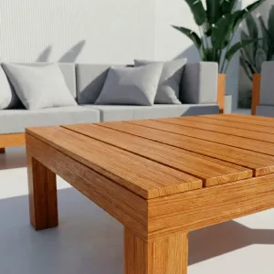Detalle del ensamble en madera teca de la Mesa de Centro Montecarlo