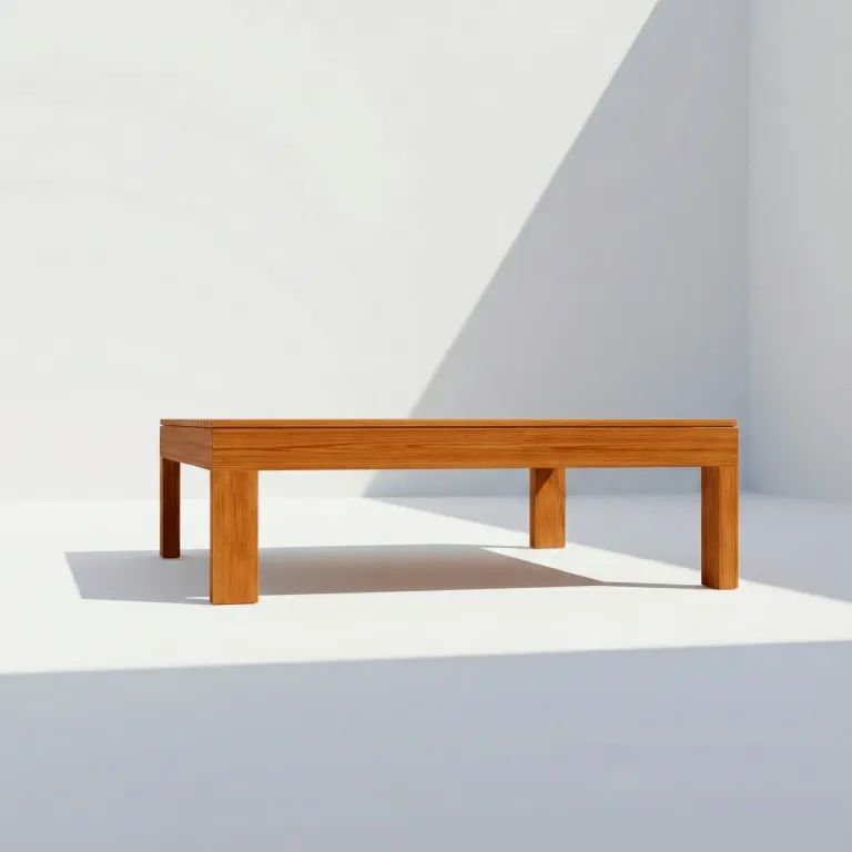 Mesa de centro Montecarlo en teca, vista frontal en fondo blanco de estudio