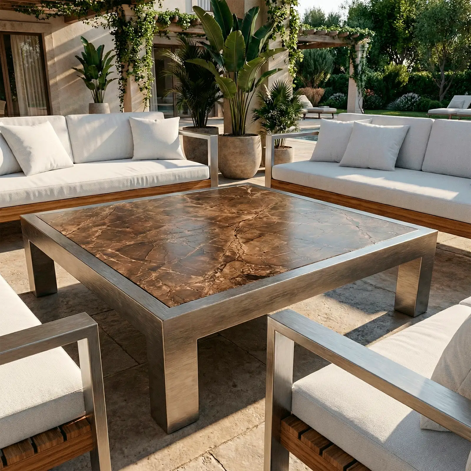 Mesa de centro Montecarlo con tablero de mármol veteado y estructura de aluminio, junto a sofás en una terraza
