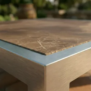 Detalle del ensamble en aluminio de la Mesa de Centro Montecarlo con tablero de mármol
