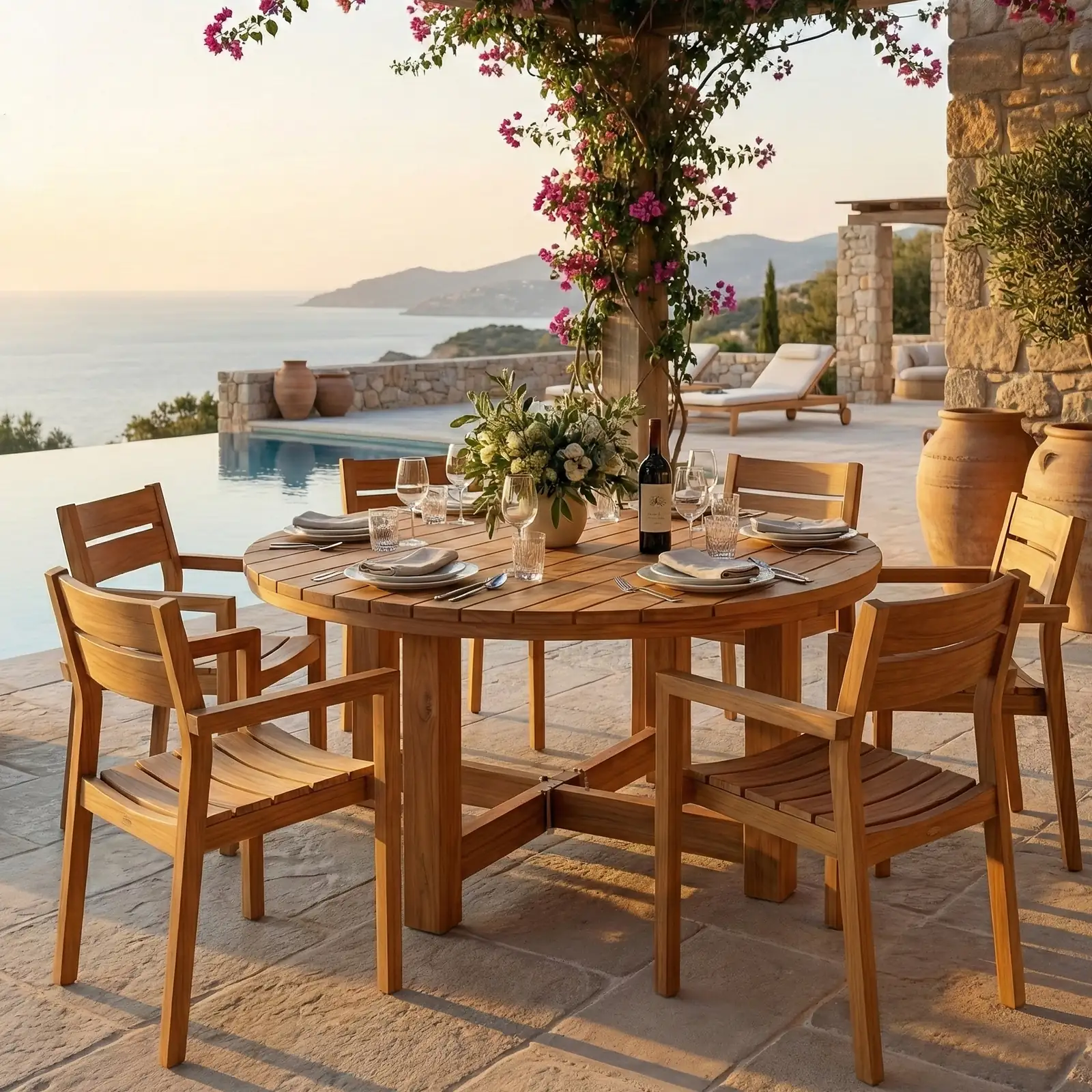 Mesa circular Alpes en teca, servida para una cena junto a una piscina infinita con vista al mar