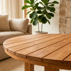 Detalle del ensamble en madera teca de la Mesa Circular Alpes
