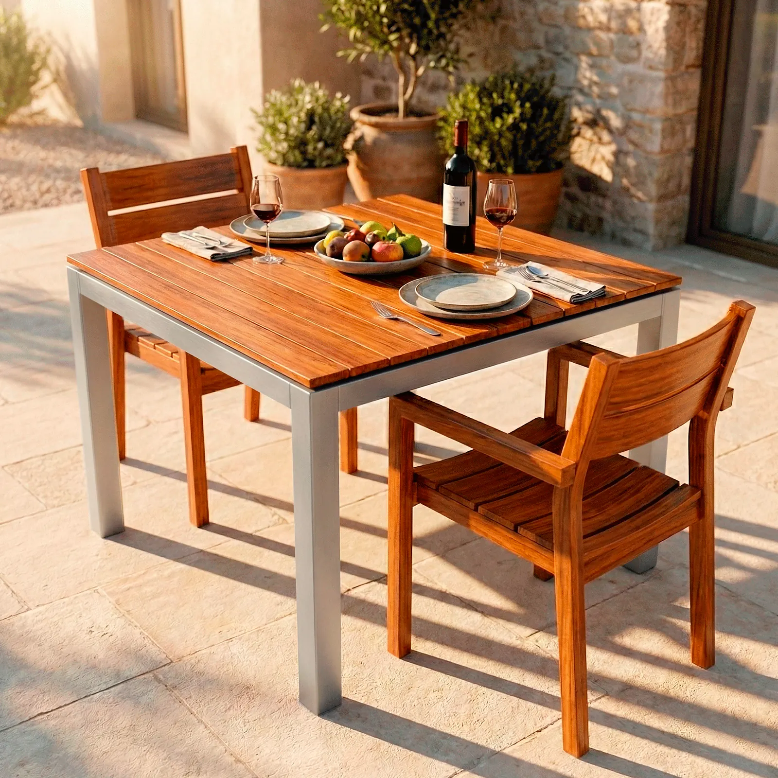Mesa Cuadrada Alpes Aluteca en aluminio y teca, en un ambiente exterior