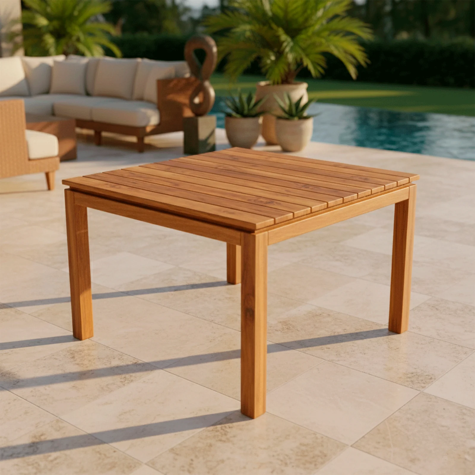 Mesa Cuadrada Alpes en madera teca, en un ambiente exterior