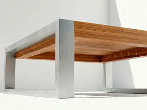 Detalle de la esquina en aluminio y teca de la Mesa de Centro Japón Aluteca
