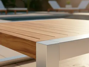 Detalle del ensamble en aluminio y teca de la Mesa de Centro Japón Aluteca