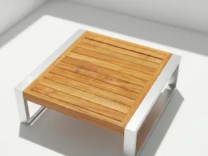 Mesa de Centro Japón Aluteca en aluminio y teca, vista en perspectiva sobre fondo blanco de estudio
