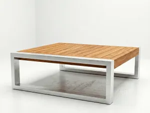 Mesa de Centro Japón Aluteca en aluminio y teca, vista lateral sobre fondo blanco de estudio