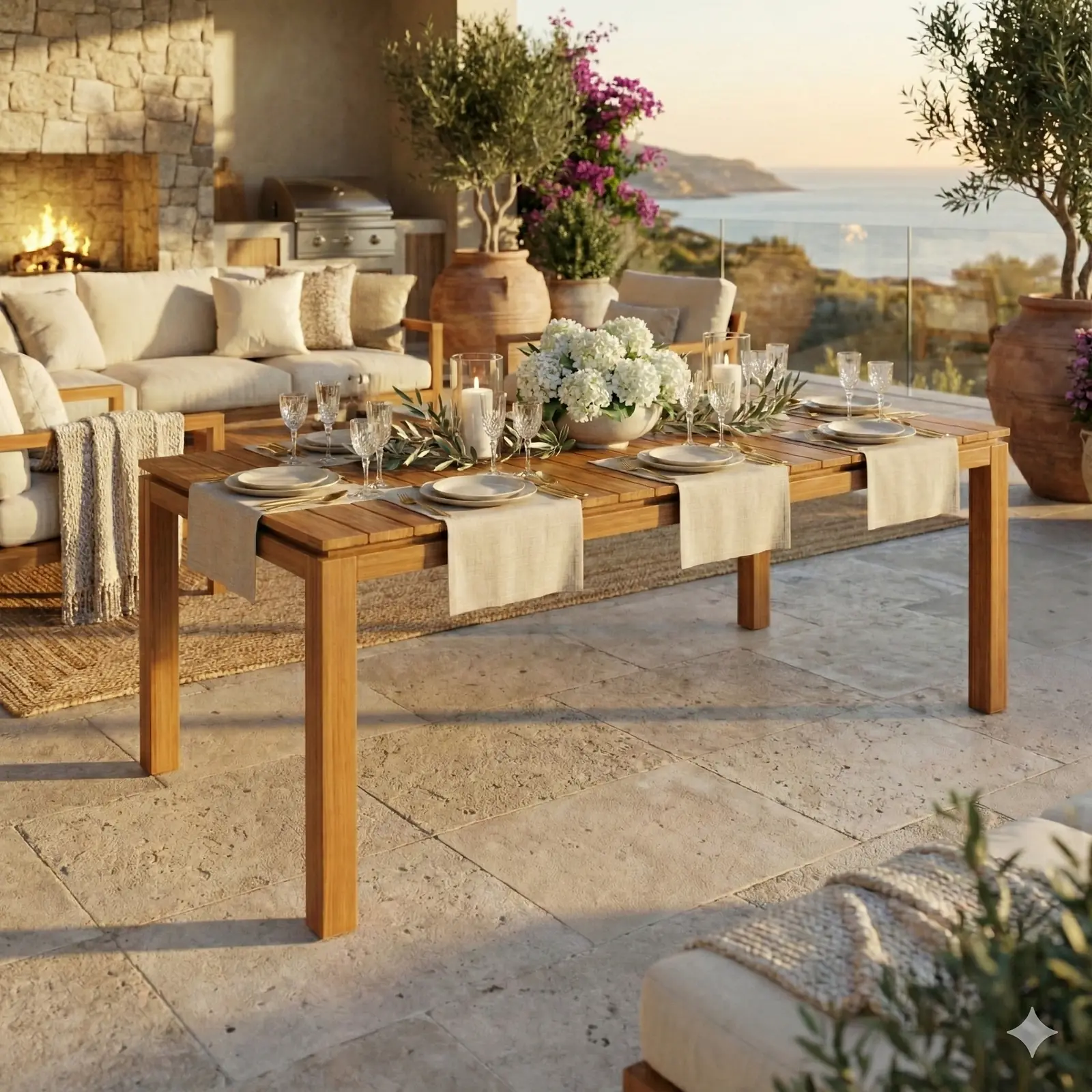 Mesa extensible Alpes en teca, servida para una cena larga junto al mar al atardecer