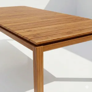 Detalle del tablero en madera teca de la Mesa Extensible Alpes