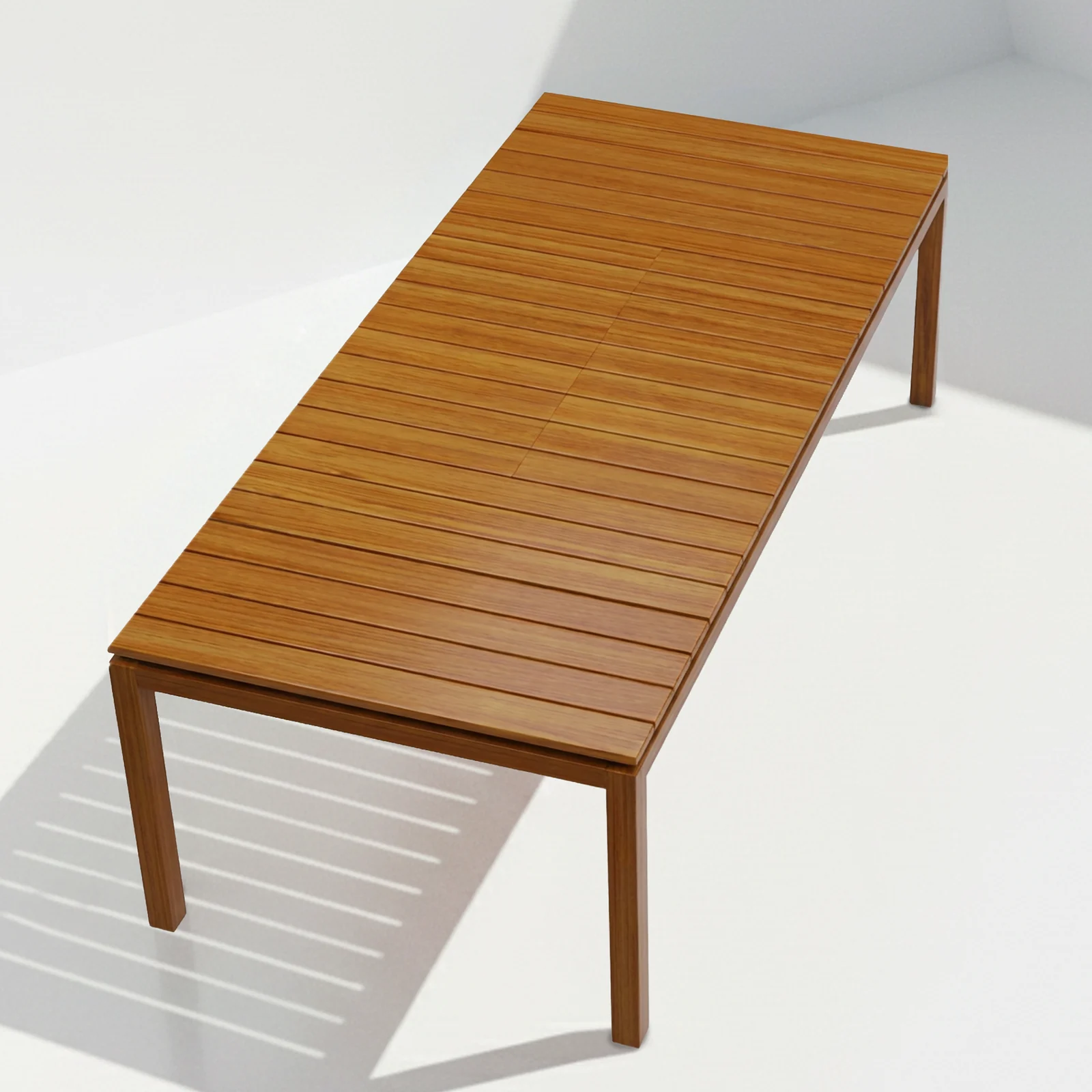 Mesa extensible Alpes en teca, vista en perspectiva sobre fondo blanco de estudio