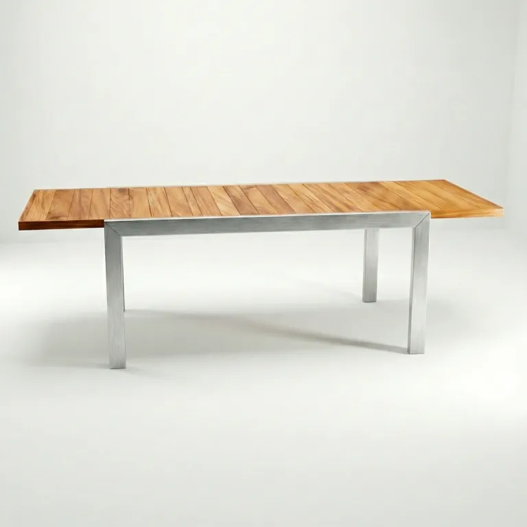 Mesa extensible Osaka Aluteca en aluminio y teca, vista frontal en fondo blanco de estudio
