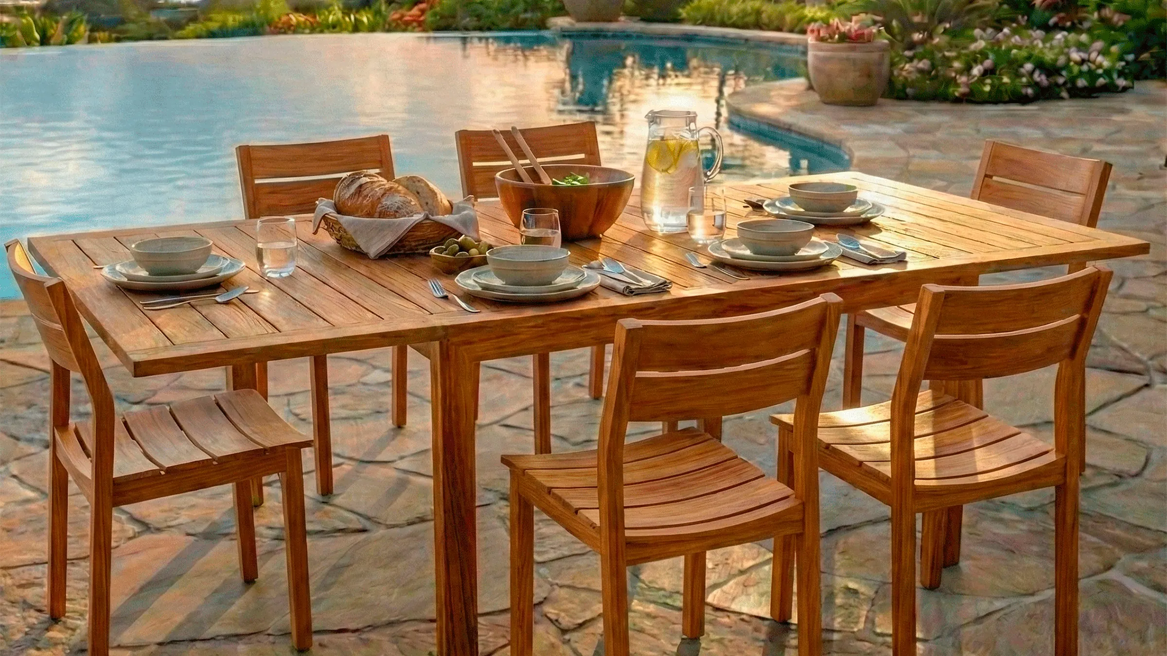 Mesa extensible Osaka en madera teca sobre una terraza
