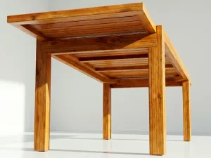 Mesa extensible Osaka en madera teca, vista lateral sobre fondo blanco de estudio