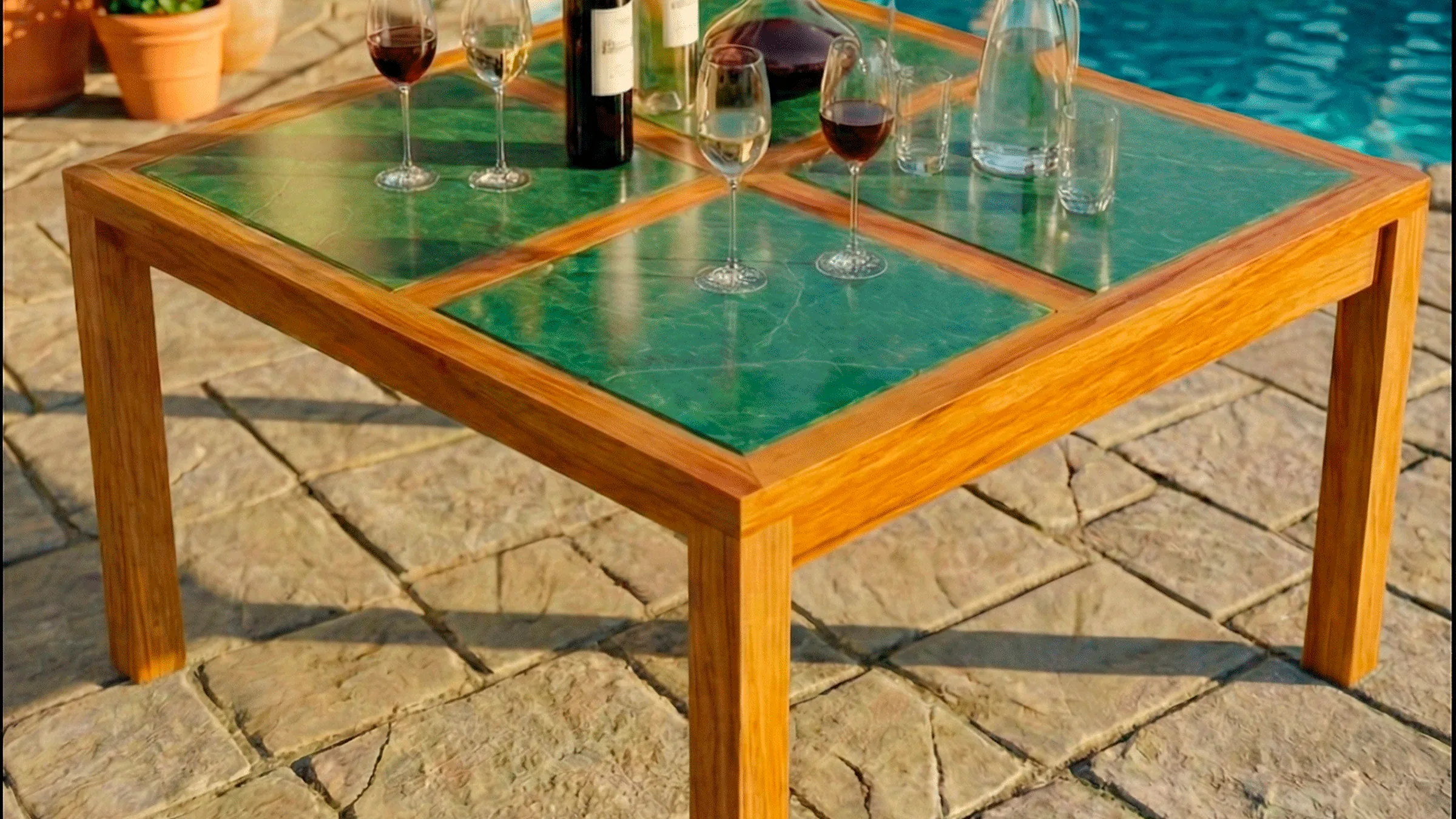Mesa Miyasaki Pizarra en madera teca junto a una piscina, con copas sobre la superficie tipo pizarra