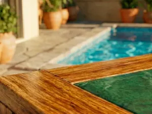 Detalle del ensamble en madera teca de la Mesa Miyasaki Pizarra