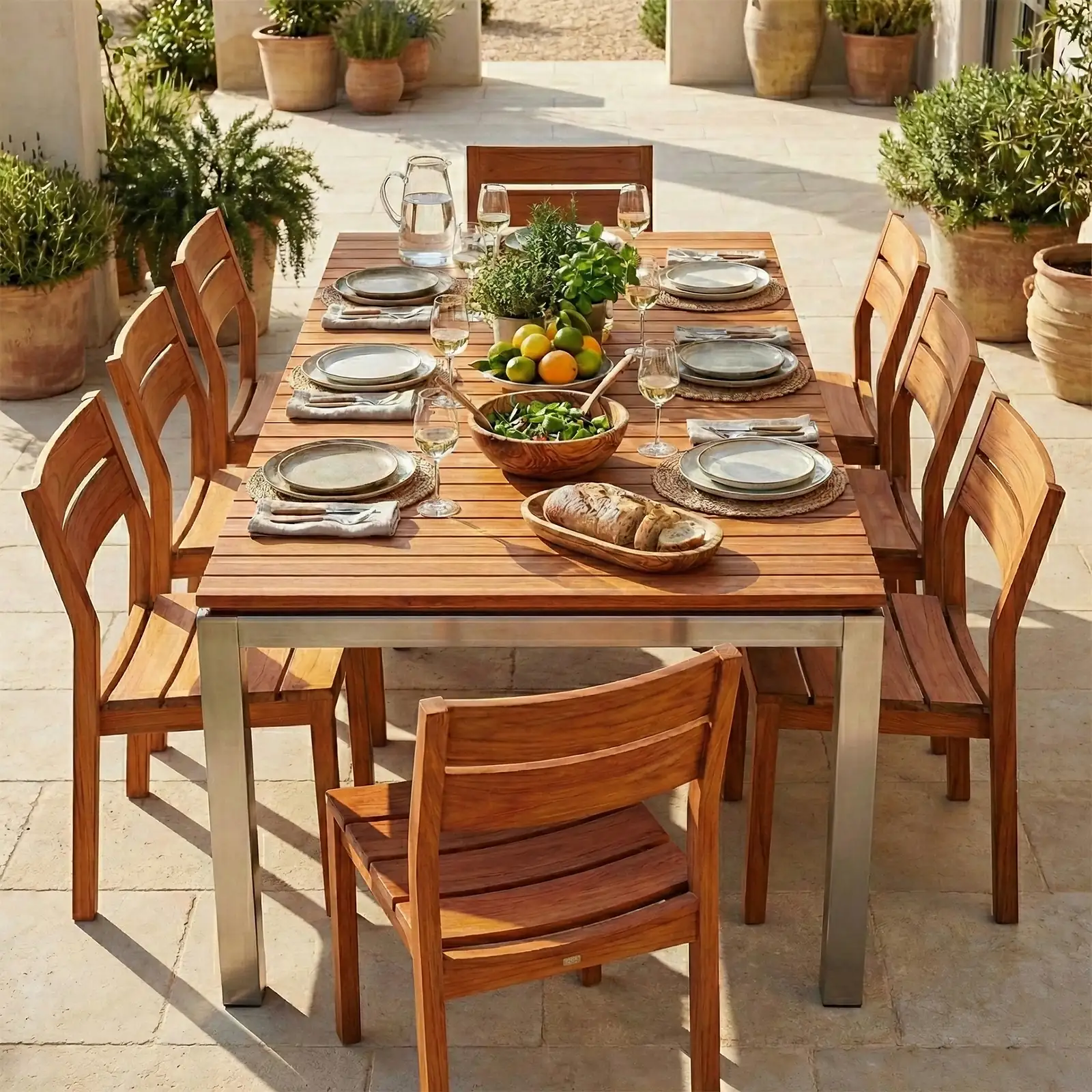 Mesa rectangular Alpes Aluteca extendida, servida para una cena junto a olivos y vista al mar