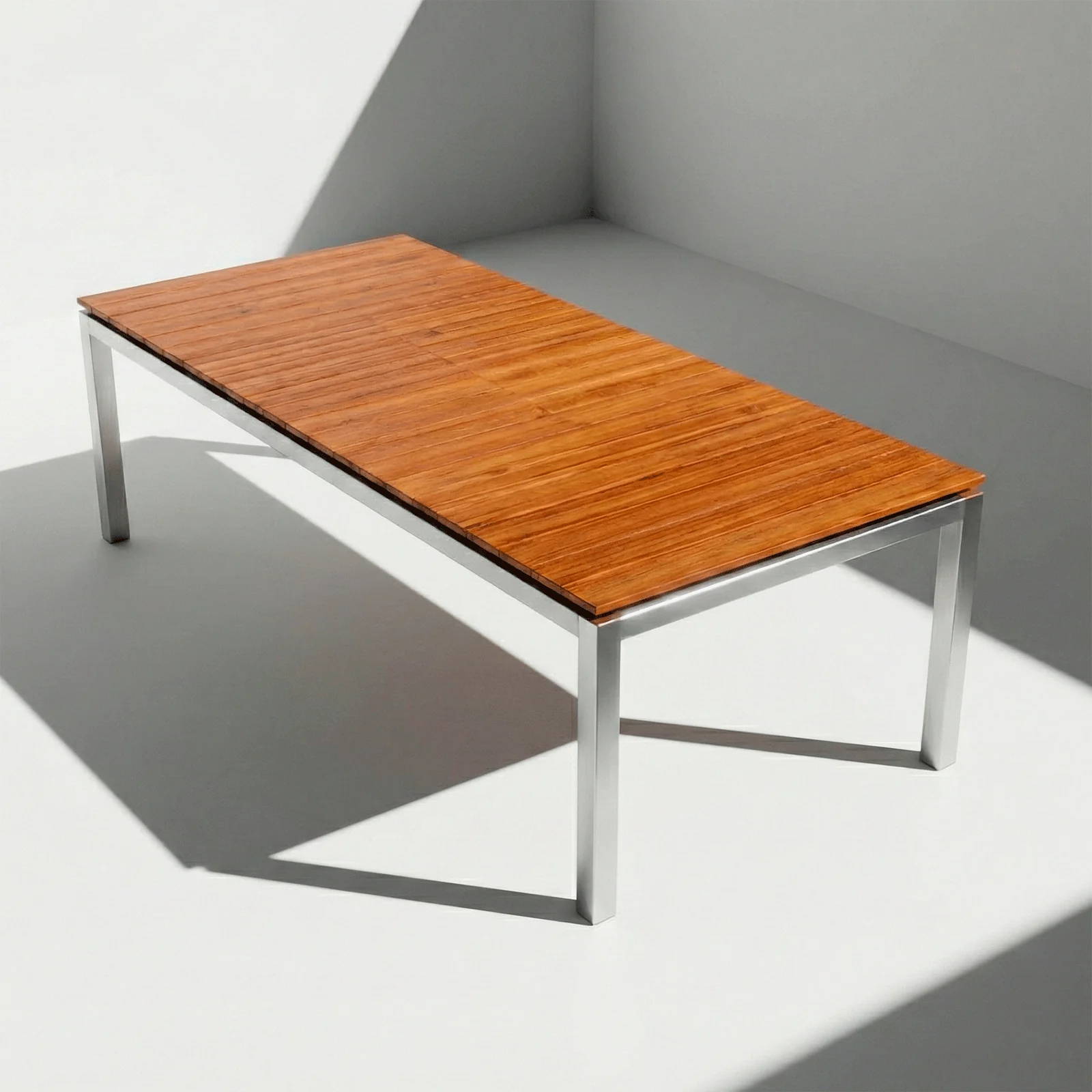 Mesa rectangular Alpes Aluteca, vista en perspectiva sobre fondo blanco de estudio