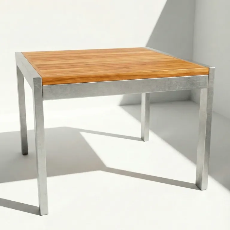 Mesa Sappai Aluteca en aluminio y teca, vista frontal en fondo blanco de estudio