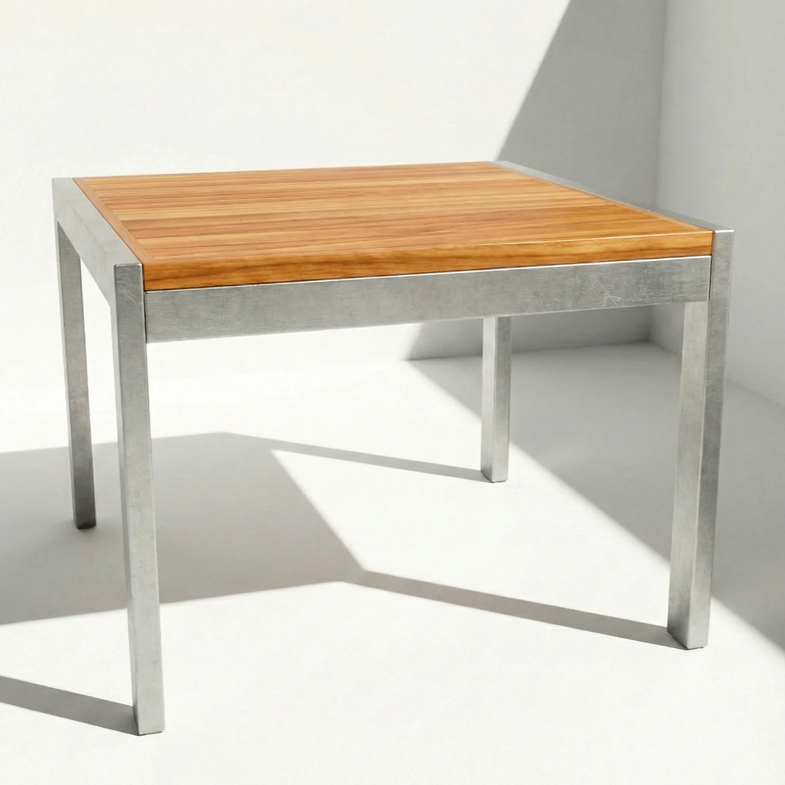 Mesa Sappai Aluteca en aluminio y teca, vista frontal en fondo blanco de estudio