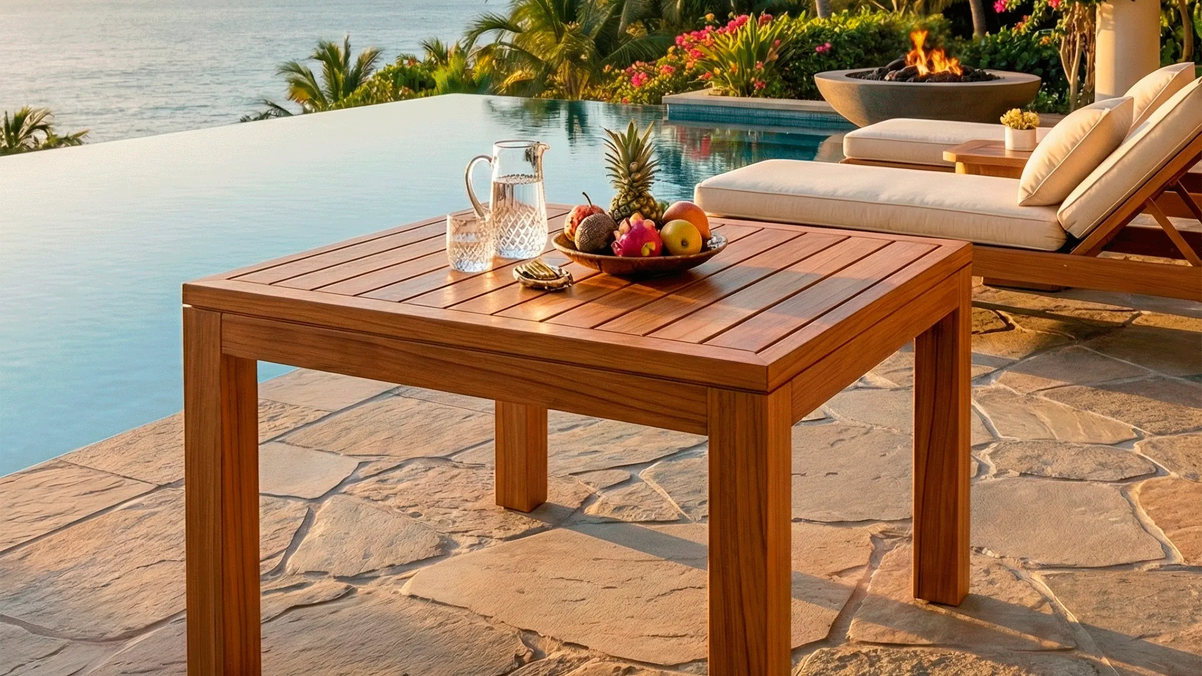 Mesa Sappai en madera teca sobre una terraza
