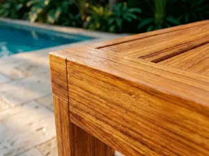Detalle del ensamble en madera teca de la Mesa Sappai