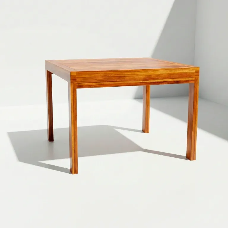 Mesa Sappai en madera teca, vista frontal en fondo blanco de estudio