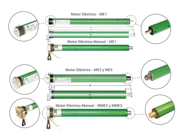 Motores tubulares eléctricos de 110 V para toldos verticales Baneta, referencias ME1, ME2 y ME3