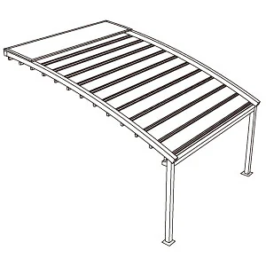 Esquema de instalación de pérgola PergoDom soportada sobre postes y anclada a un muro