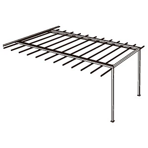 Esquema de instalación de pérgola PergoFlex soportada sobre dos postes y anclada a un muro