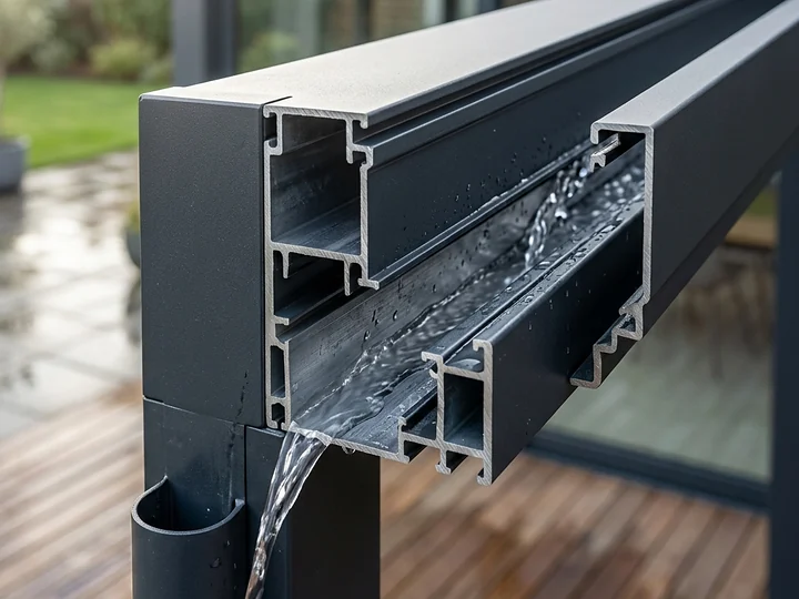 Sección de la viga canal de una pérgola mostrando el drenaje integrado y la bajante por el poste