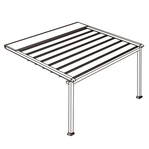 Esquema de instalación de pérgola PergoTek soportada sobre dos postes y anclada a un muro