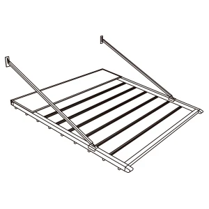 Esquema de instalación de pérgola PergoTek suspendida de la pared con tensores
