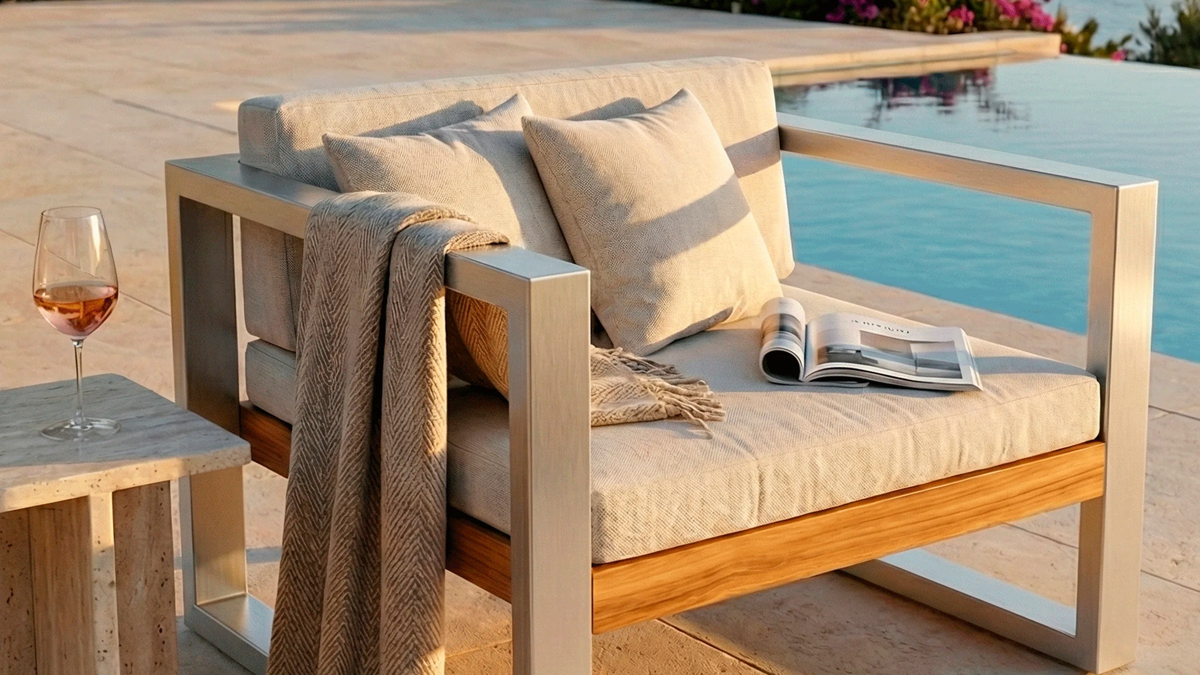 Poltrona Japón Aluteca en una terraza junto a la piscina, al atardecer