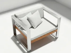 Poltrona Japón Aluteca en aluminio y teca, vista en perspectiva sobre fondo blanco de estudio