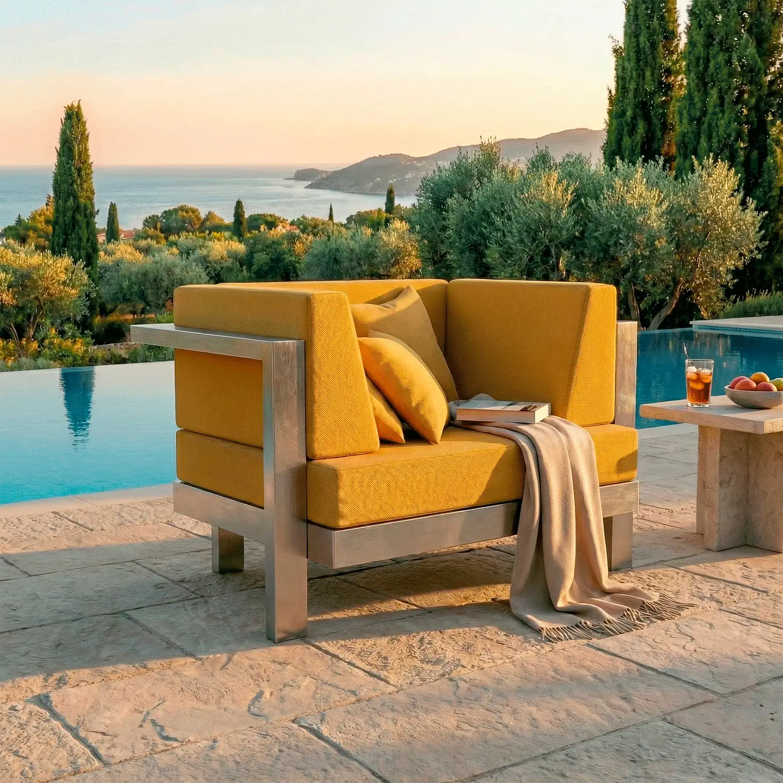 Poltrona Montecarlo en aluminio y cojines amarillos, en una terraza con vista al mar al atardecer